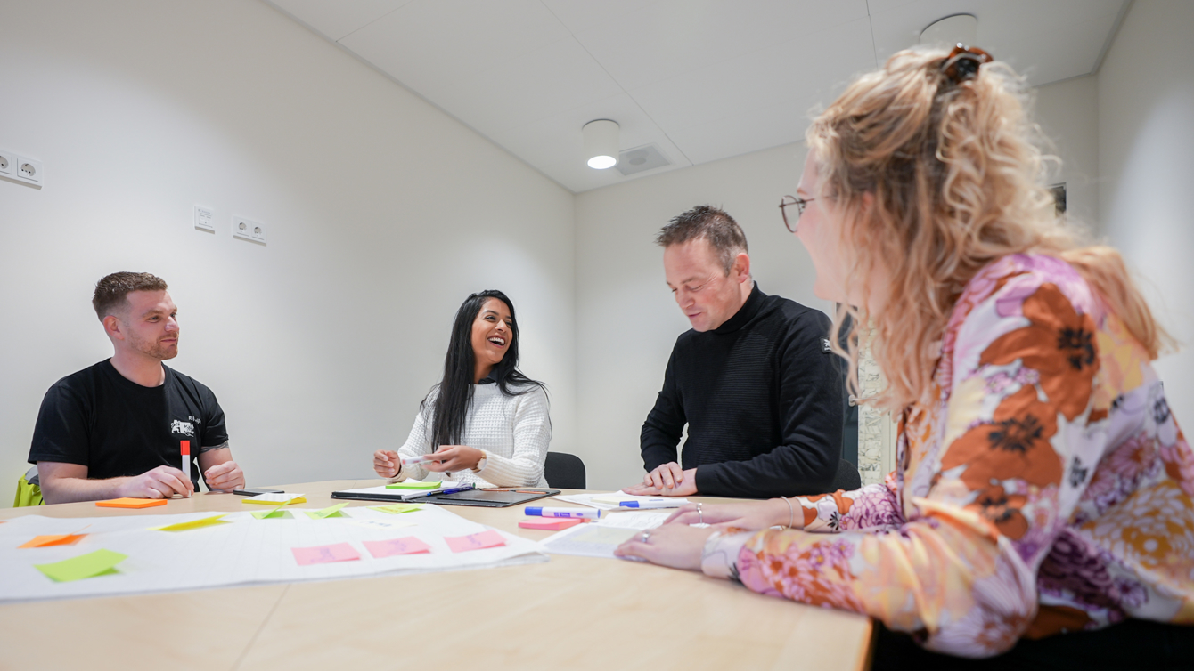 2 mannen en 2 vrouwen aan het overleggen en het plakken van post its